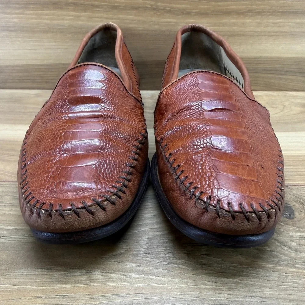 Ennesi Gold Italian Ostrich Leg Loafers Mens 9 M Whiskey Brown Slip On Business